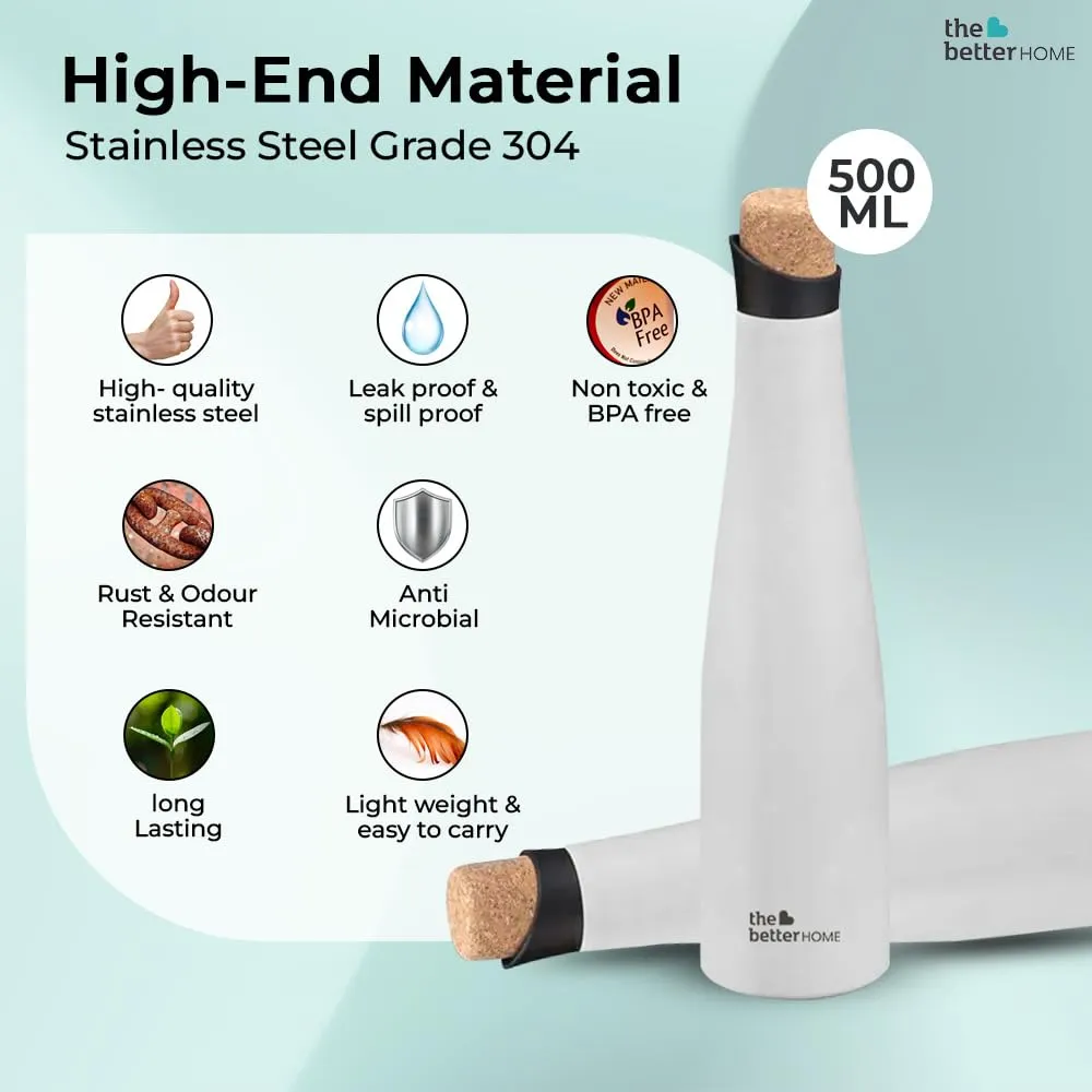 The Better Home Insulated Stainless Steel Water Bottle With Cork Cap | 18 Hours Insulation | Pack Of 4-500ml Each | Hot Cold Water For Office School Gym | Leak Proof & BPA Free | White Colour
