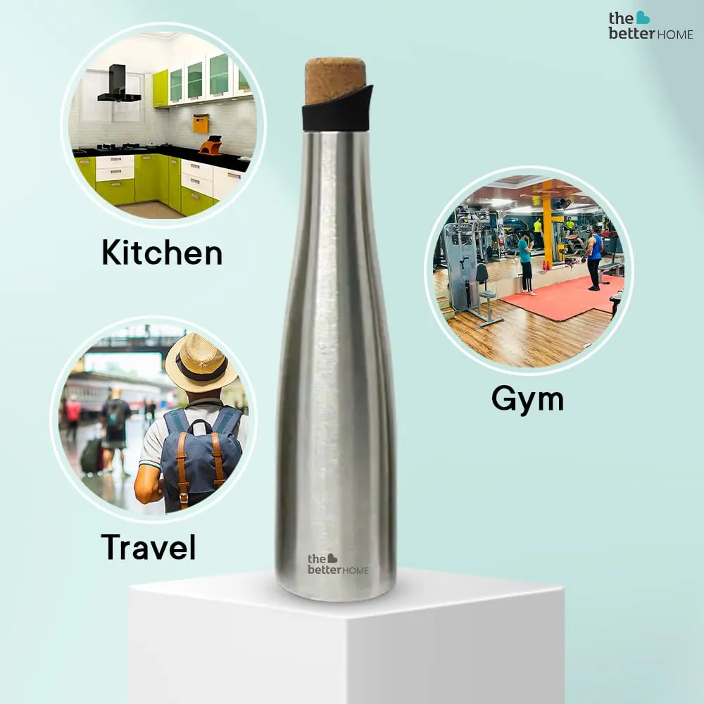 The Better Home Insulated Stainless Steel Water Bottle with Cork Cap | 18 Hours Insulation | Pack of 8-500ml Each | Hot Cold Water for Office School Gym | Leak Proof & BPA Free | Silver Colour