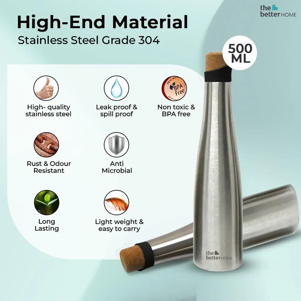 The Better Home Insulated Stainless Steel Water Bottle with Cork Cap | 18 Hours Insulation | Pack of 8-500ml Each | Hot Cold Water for Office School Gym | Leak Proof & BPA Free | Silver Colour