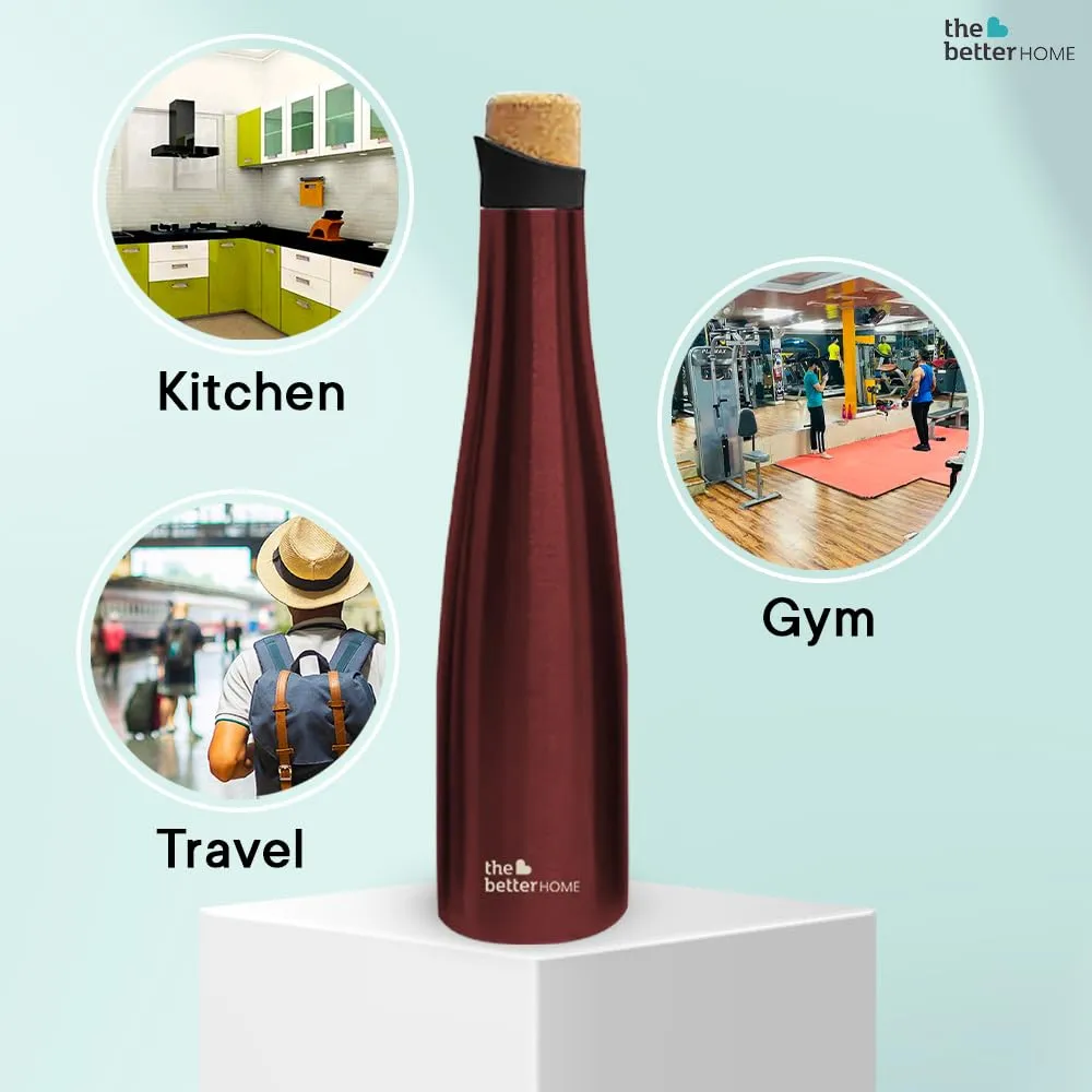 The Better Home Insulated Stainless Steel Water Bottle with Cork Cap | 18 Hours Insulation | Pack of 9-500ml Each | Hot Cold Water for Office School Gym | Leak Proof & BPA Free | Wine Colour