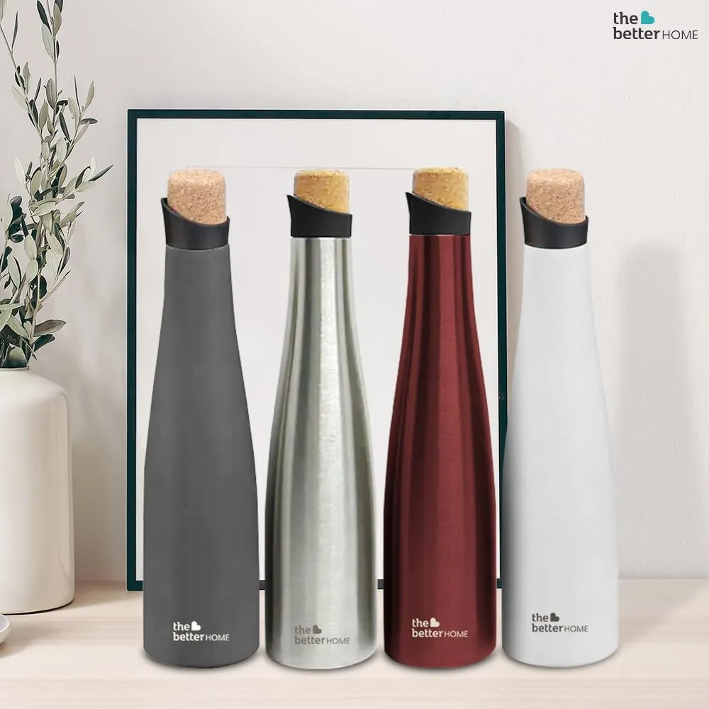 The Better Home Insulated Stainless Steel Water Bottle with Cork Cap | 18 Hours Insulation | Pack of 9-500ml Each | Hot Cold Water for Office School Gym | Leak Proof & BPA Free | Wine Colour