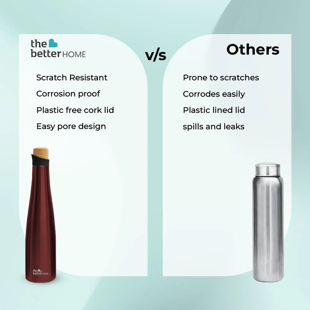 The Better Home Insulated Stainless Steel Water Bottle with Cork Cap | 18 Hours Insulation | Pack of 9-500ml Each | Hot Cold Water for Office School Gym | Leak Proof & BPA Free | Wine Colour