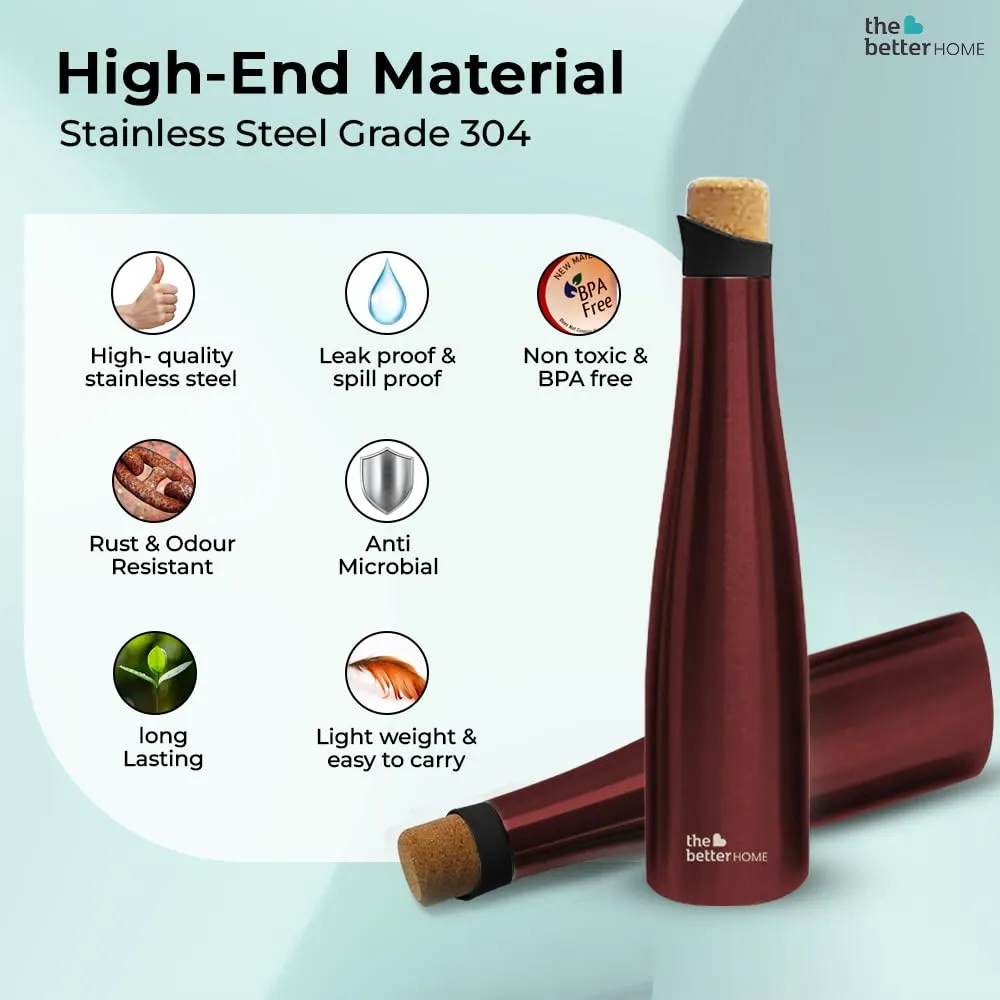 The Better Home Insulated Stainless Steel Water Bottle with Cork Cap | 18 Hours Insulation | Pack of 9-500ml Each | Hot Cold Water for Office School Gym | Leak Proof & BPA Free | Wine Colour
