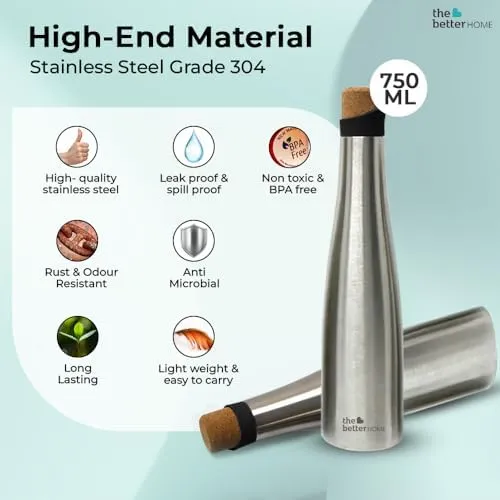 The Better Home Insulated Stainless Steel Water Bottle With Cork Cap 750ml | 18 Hours Of Insulation | Hot And Cold Water For Office School Gym | Airtight Leak Proof BPA Free | Silver Colour