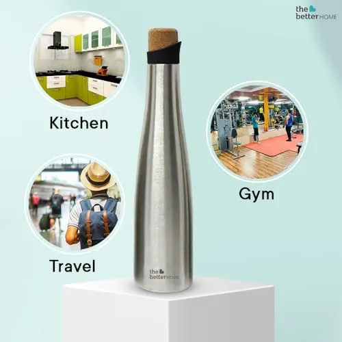The Better Home Insulated Stainless Steel Water Bottle With Cork Cap 750ml | 18 Hours Of Insulation | Hot And Cold Water For Office School Gym | Airtight Leak Proof BPA Free | Silver Colour